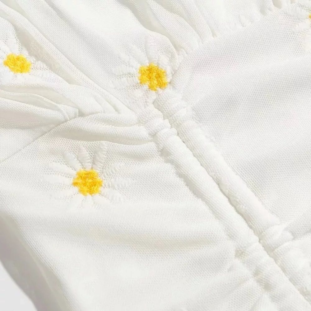 White Daisy Embroidered Ruched Drawstring Minidress - Picture 9 of 11